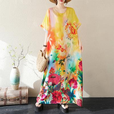DIMANAF 2025 Summer Women Plus Size Loose Dress Beach Basic Casual Long Dress Vintage Floral Printing Holiday Dress