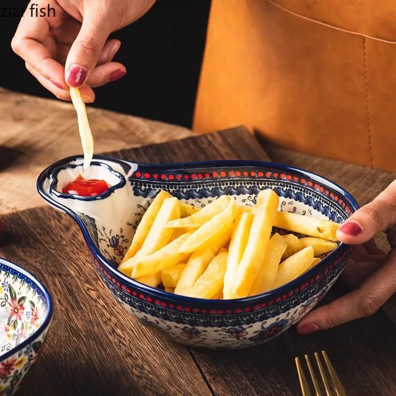 Vintage Floraler Keramikteller Knödelteller mit Essigschälchen Gemüsesalatschüssel Obstschale Snackteller Keramikgeschirr
