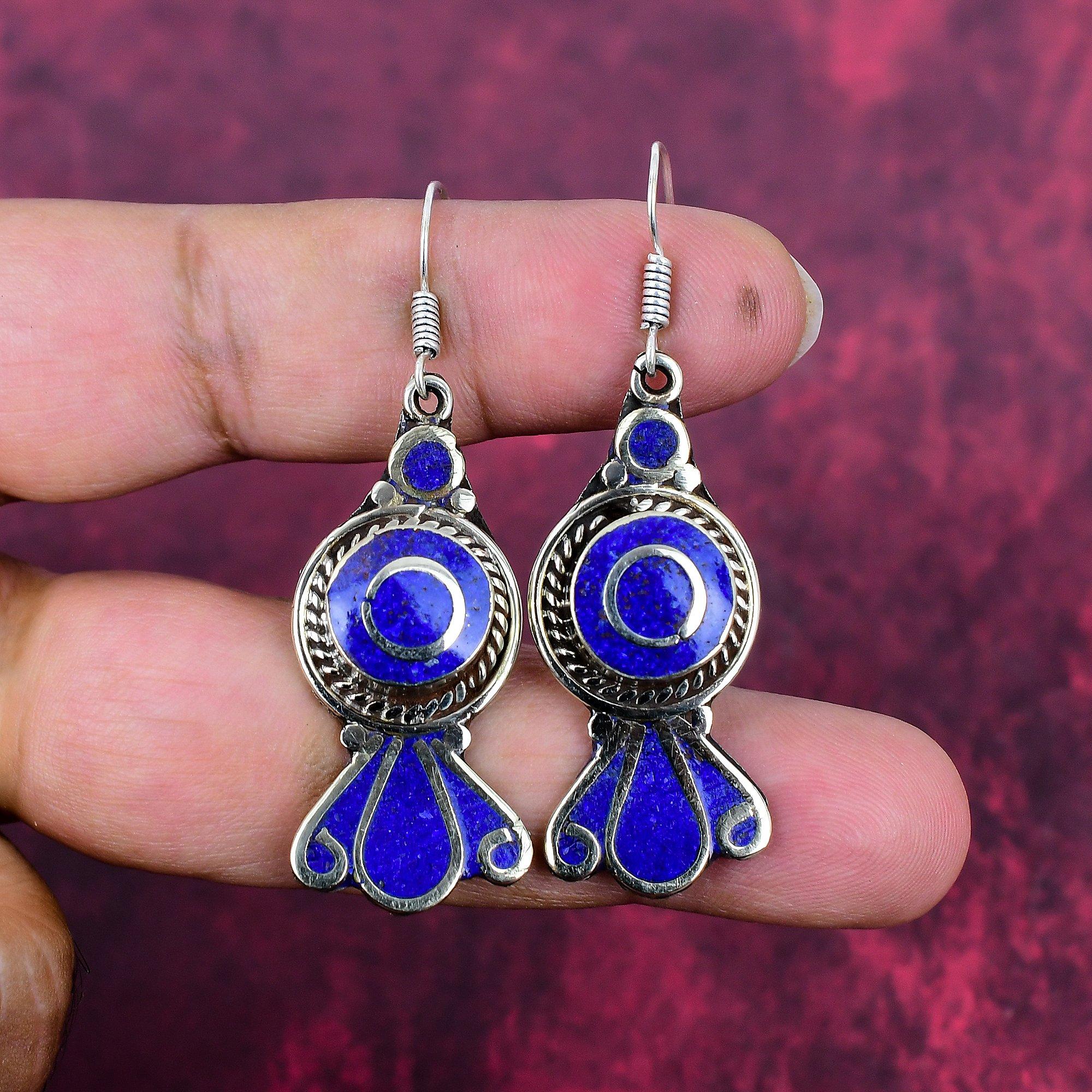 

Lapis Lazuli 925 Solid Sterling Silver Earrings, Handmade Gemstone Nepali Earrings Jewelry, Gifts For Wife Brand New Earrings 2.16 Inches