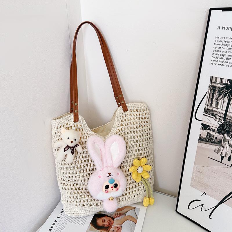 

Spring and summer new large-capacity simple cotton thread woven bag hollow tote bag seaside vacation beach bag