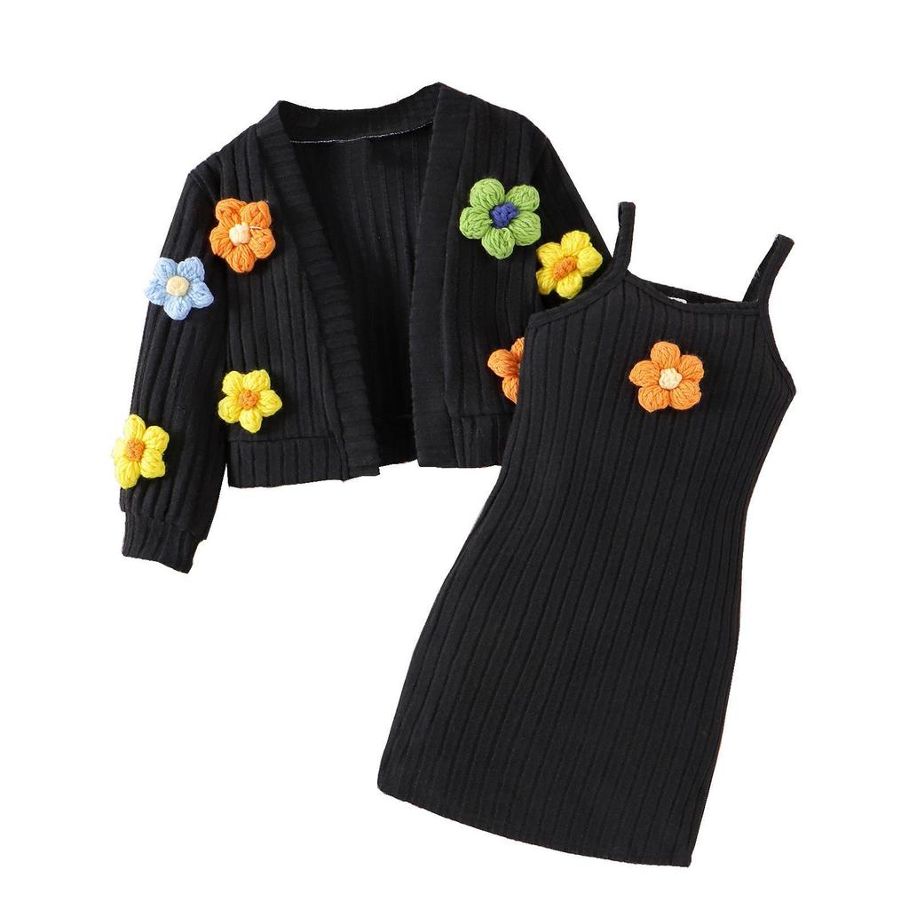Girls' Floral Knit Cardigan & Slim Fit Camisole Dress Set for Spring and Autumn