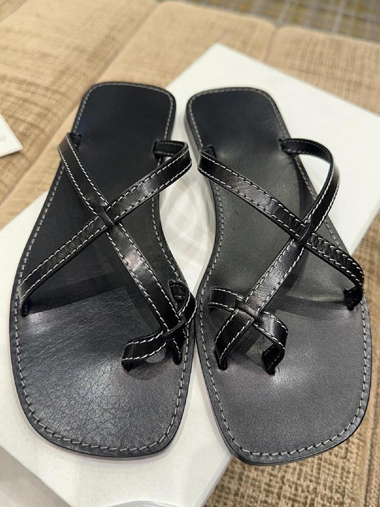 

Leather retro sewing thread cross-toe slippers women s fashion summer new square head flat beach sandals 40 чёрный