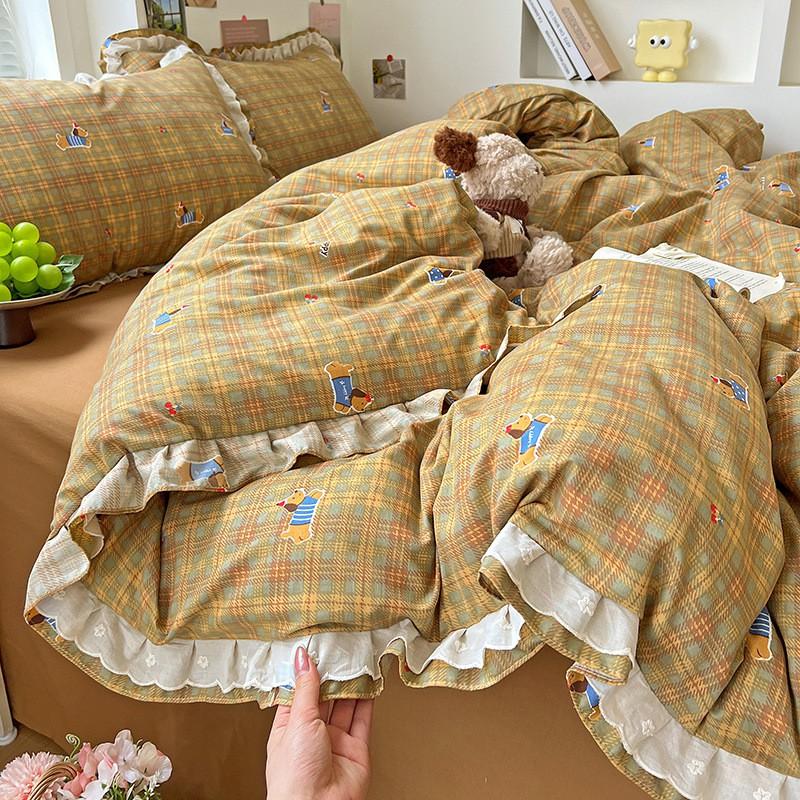 Washed Cotton Double Gauze Bedding Set Floral Ruffle Bed Sheets Bedroom