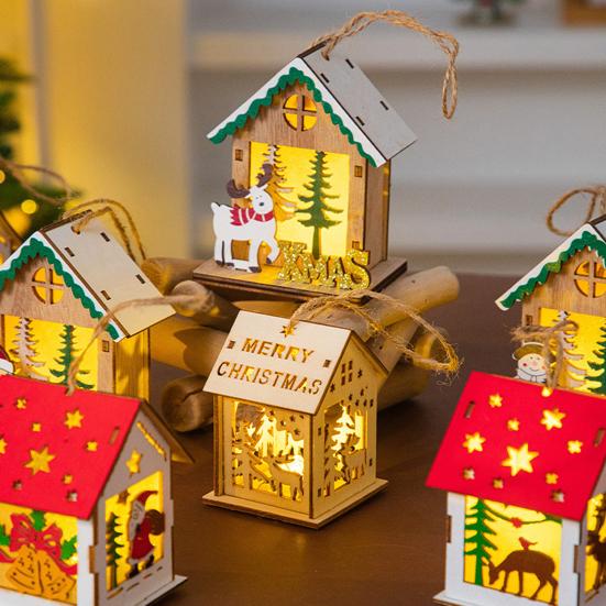 Yousheng Wooden Christmas Decor with LED Light 3D Carved Hanging Wood Star/Village House/Bell/Gift Box Ornament for Xmas Tree Decor