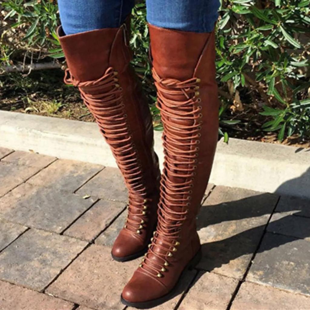 Cizme clasice cu șireturi pentru femei, pantofi de exterior cu toc mic și vârf rotund, cizme western bandeau peste genunchi, încălțăminte înaltă retro