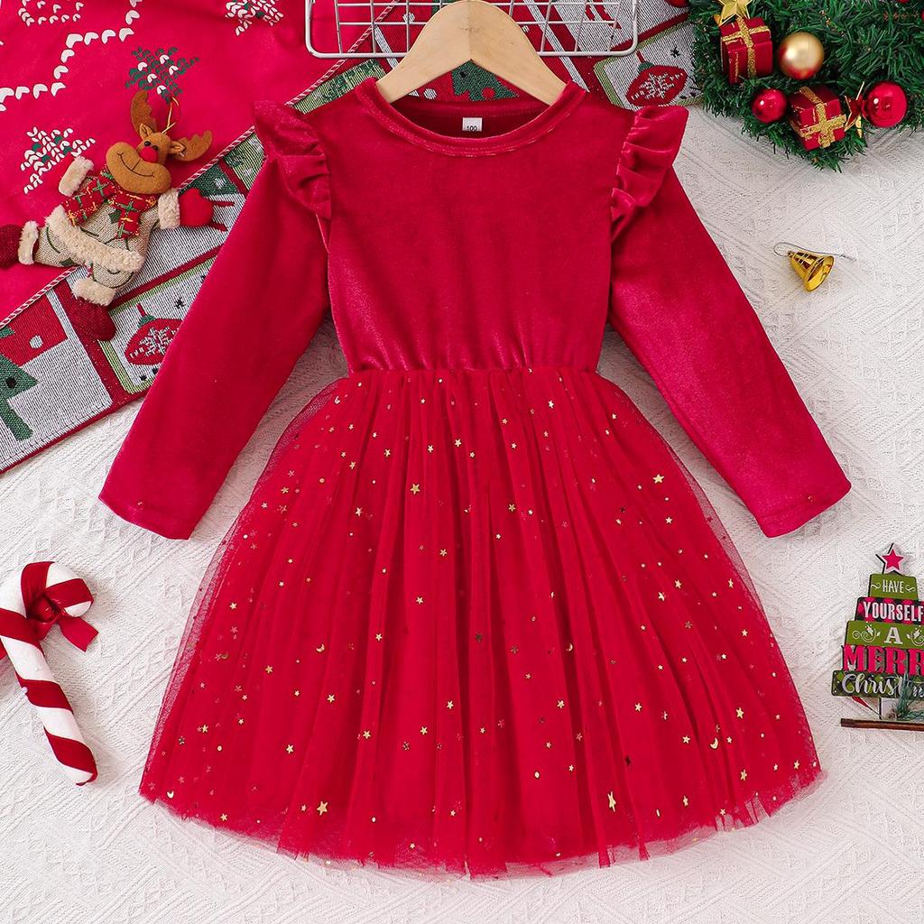 European & American Style Girls' Christmas Gold Velvet Star Mesh Dress