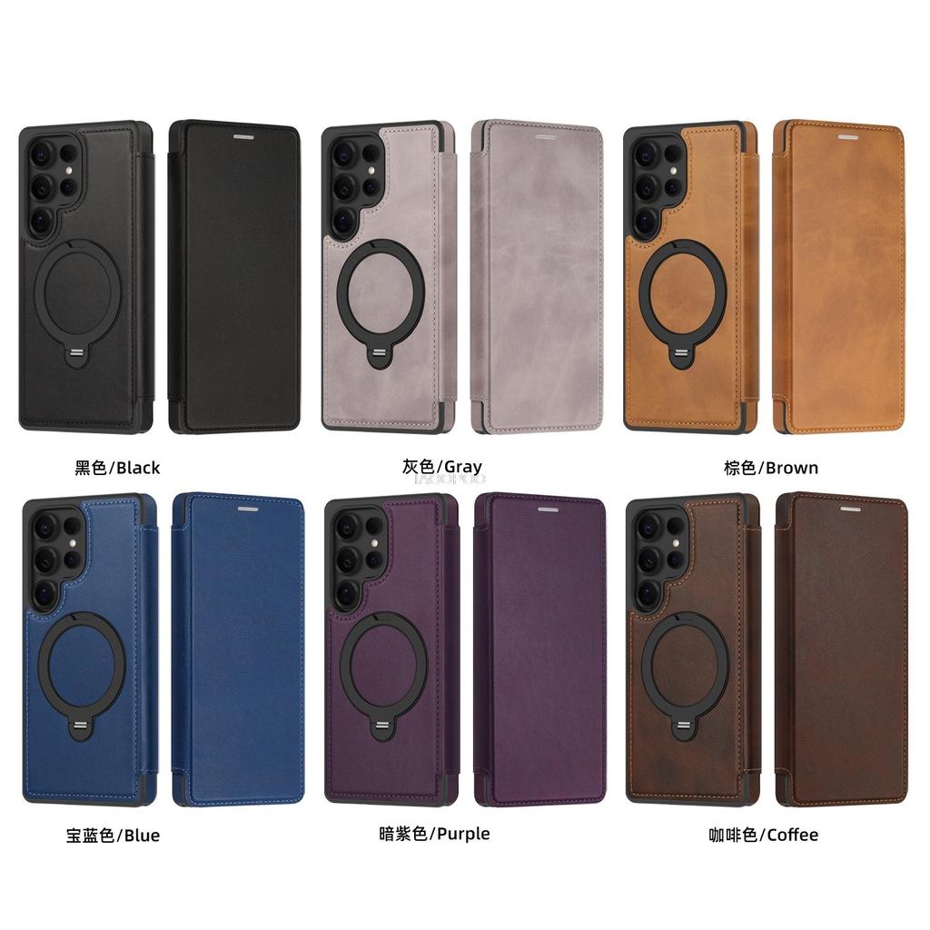 Magnetic Close Leather Flip Cover Case for Samsung Galaxy S25 Ultra S24 S23 S22 Ultra FE Wireless Charging 360 Rotating Bracket