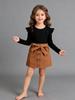 Black Ribbed Round Neck Long Sleeve Top + Girls Fashion Yellow Brown Half Skirt Set