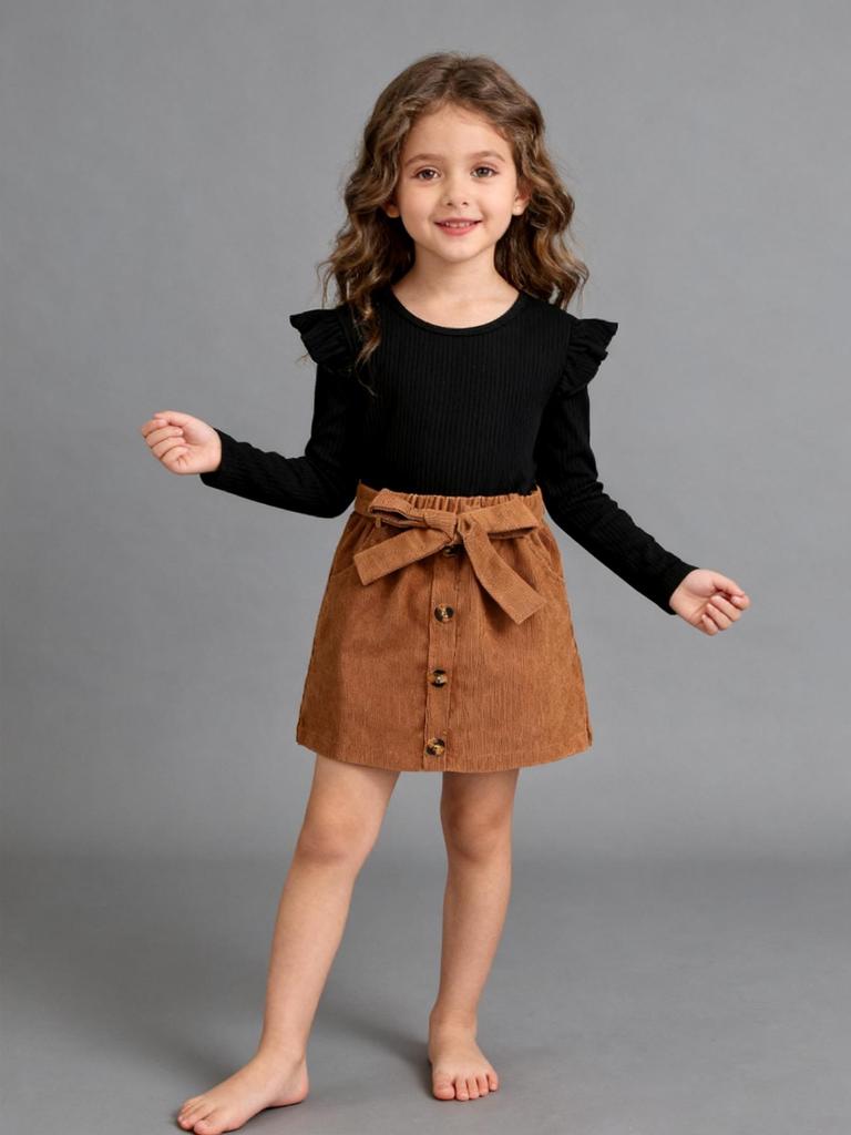 Black Ribbed Round Neck Long Sleeve Top + Girls Fashion Yellow Brown Half Skirt Set