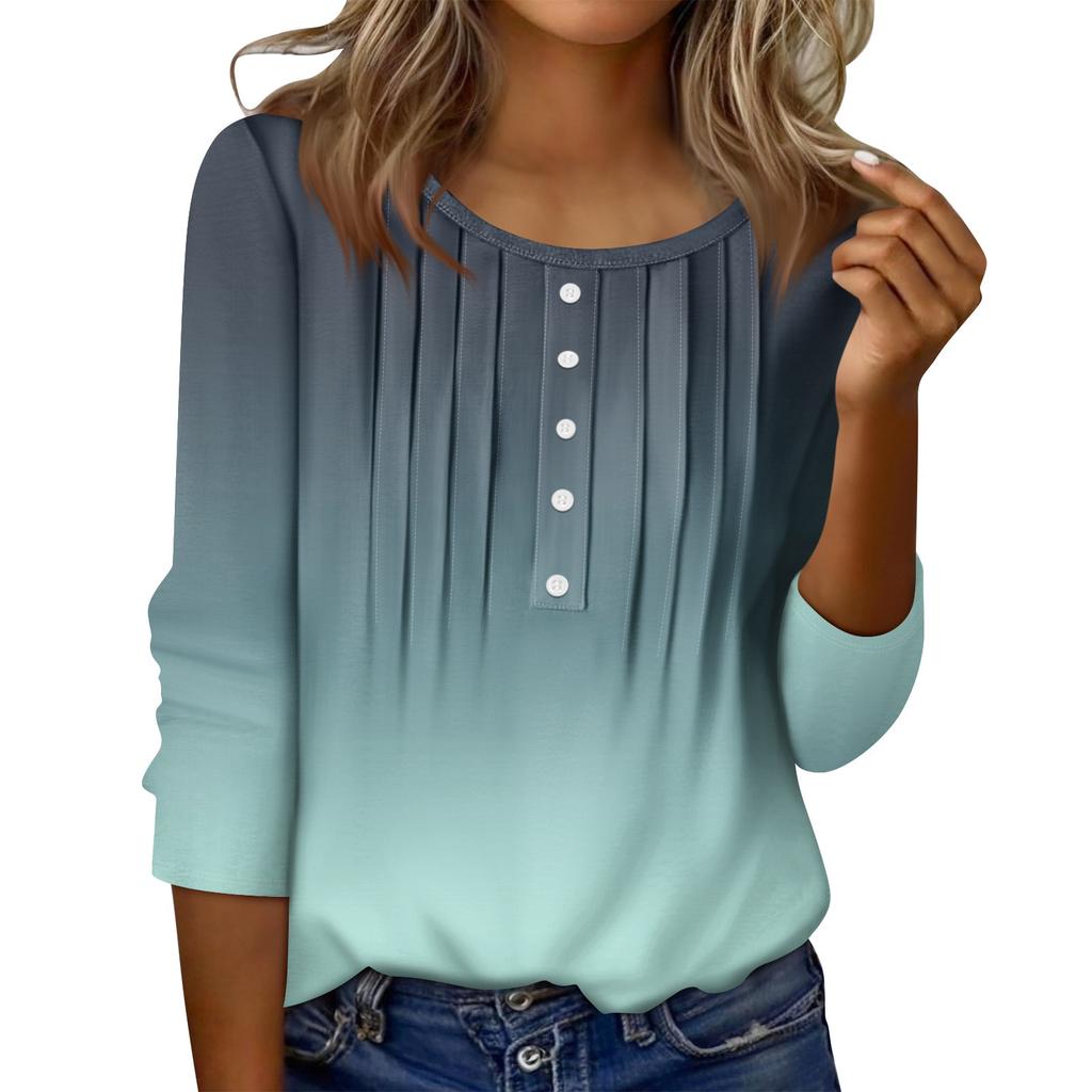 Dames Rund Hals Pull Stripe Dekorativ Knapp Topp Casual Ensfarget 3/4 Ermet T-skjorte