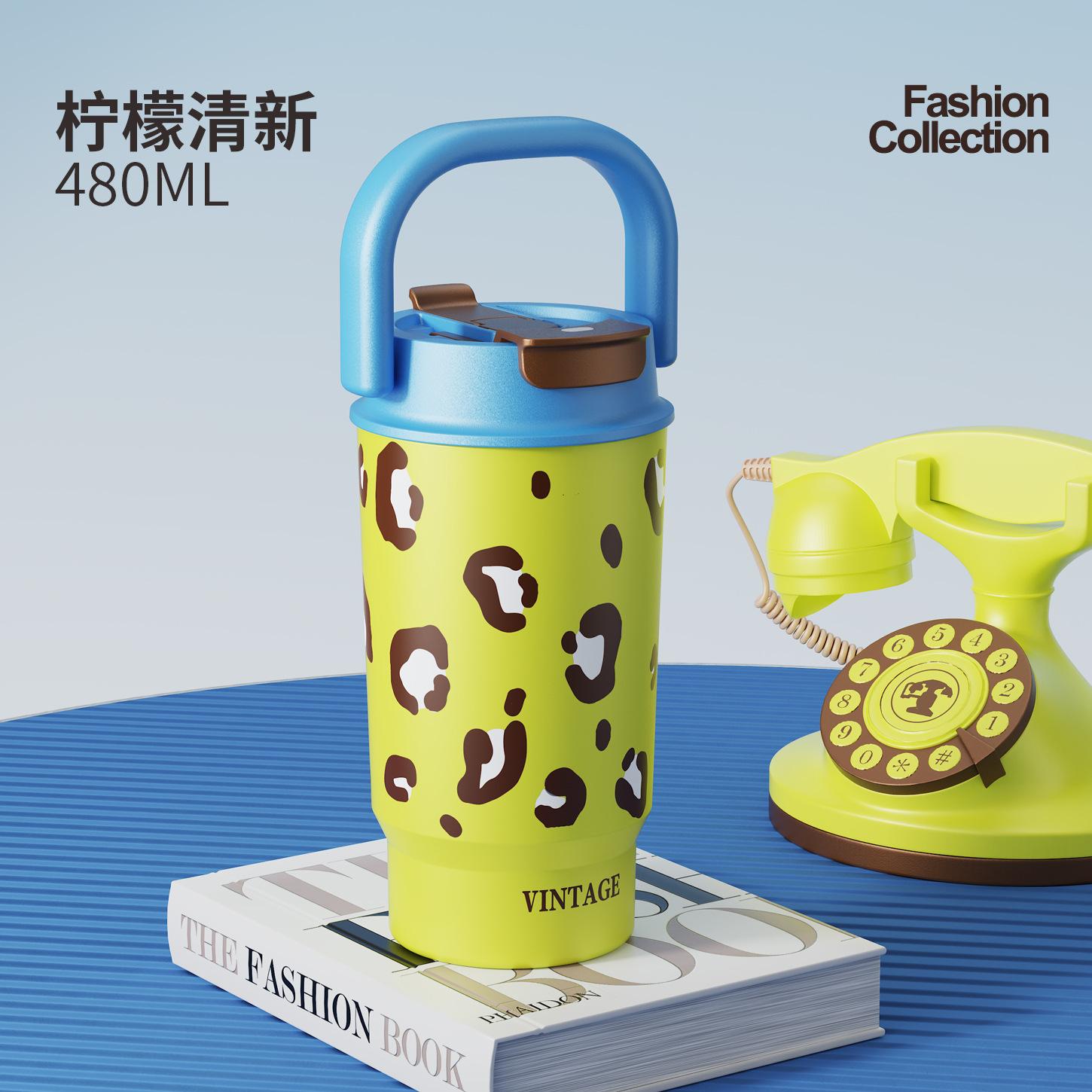 

Student handle thermos cup portable outdoor double drinking straw water cup 480ml