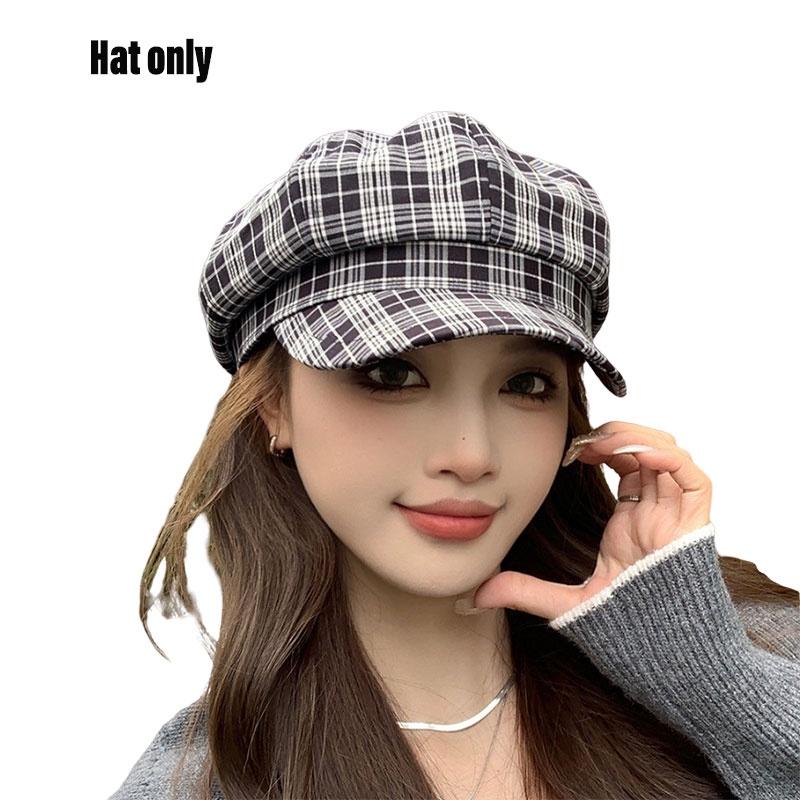Vintage karierter achteckiger Hut für Damen Herbstmode Trendiges Barett Vielseitige lässige Schirmmütze