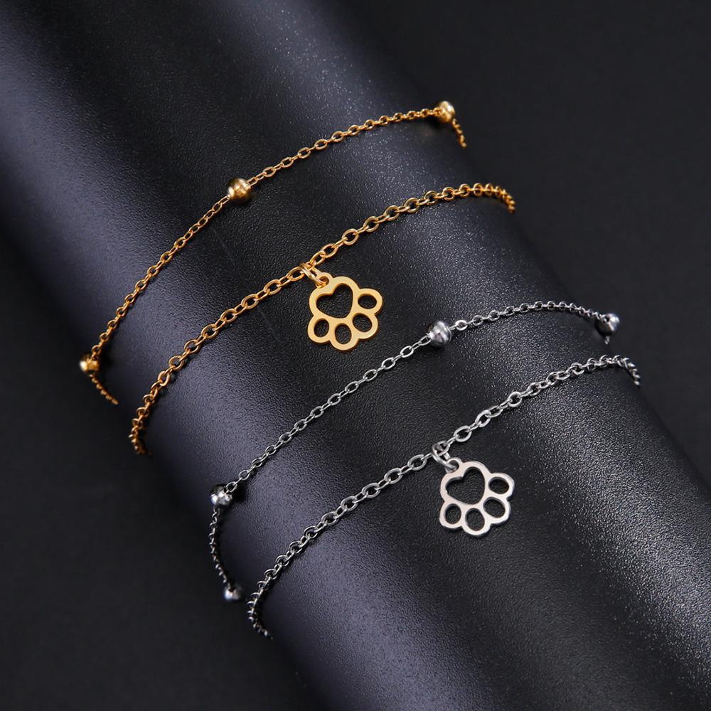 Cazador Stainless Steel Animal Dog Cat Paw Footprint Bracelets for Women Double Chain Bracelets Jewelry Wedding Birthday Gift