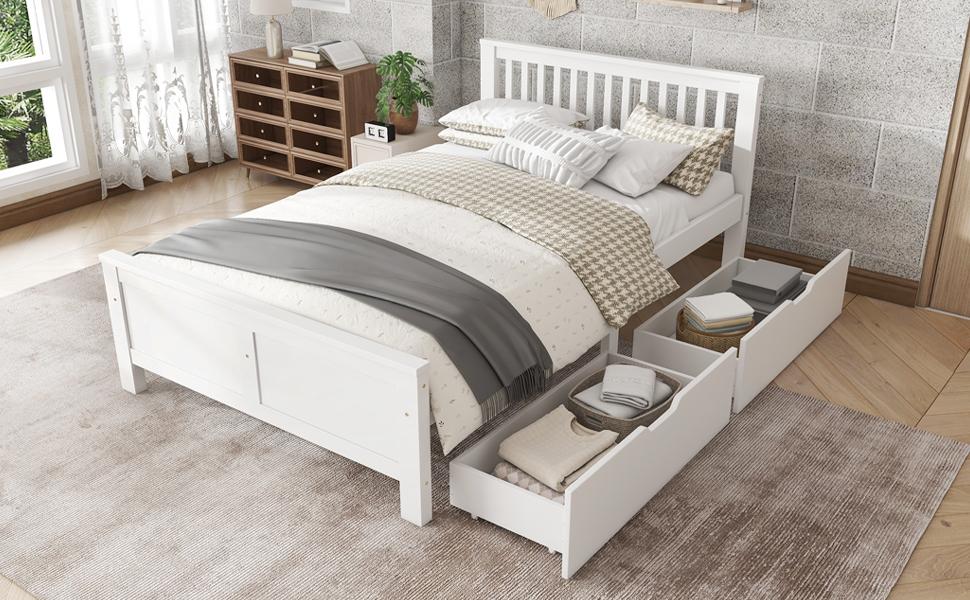 Wooden Bed, Double Bed, Youth Bed, Adult Bed, with Storage Drawers, Frame Made of Pine Wood, White (140x200cm)