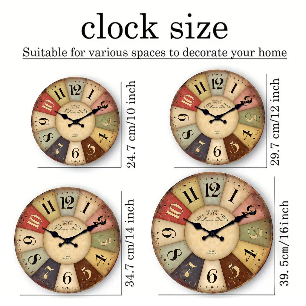 1pc Wooden Wall Clock, Country Retro Style Color Square Pattern Design Wall Clock, Home Mute Clock, Suitable for Home Decoration