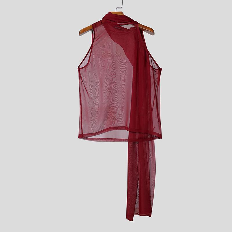 INCERUN Men Tie Neck Sleeveless See Through Mesh Sheer Party Club Tank Tops