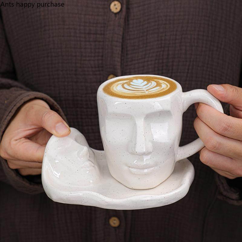Set ceașcă de cafea și farfurii din ceramică Cana creativă cu față umană Pahare de băut pentru cuplu Ceai de ceai cu lapte Căni de cafea Căni de lapte Căni de ceai