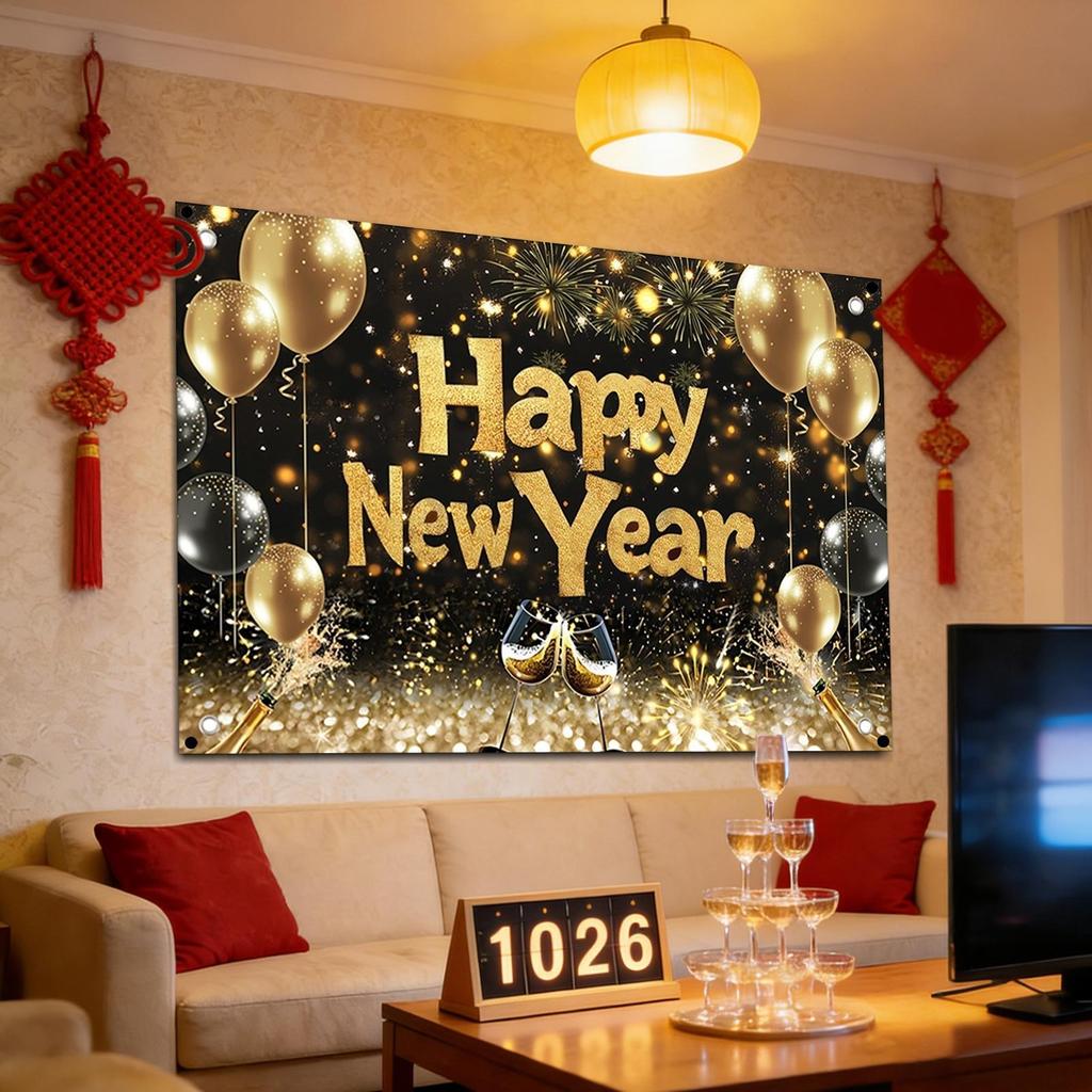 New Years Photo Backdrop 2D Print Golden Balloons Wall Sign 39x59in Wall New Years Decorations 2026 For Graduation Prom Holiday