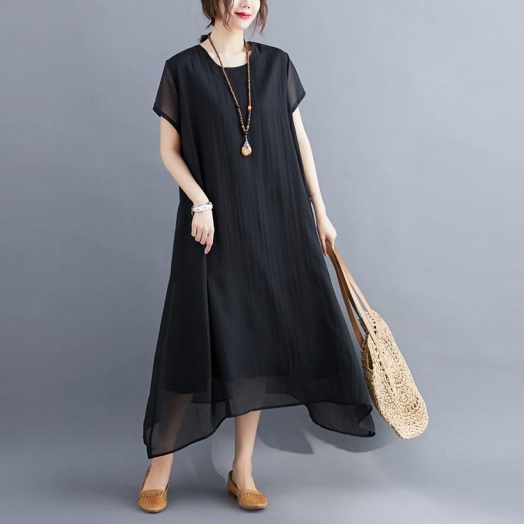 

DIMANAF 2025 Летнее женское платье больших размеров, винтажное базовое платье с коротким рукавом, повседневное свободное длинное платье, новое 2XL чёрный