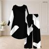 Women Plus Size Two Piece Set Round Neck Long Sleeve Black White Printed High Low Top Wide Leg Pants