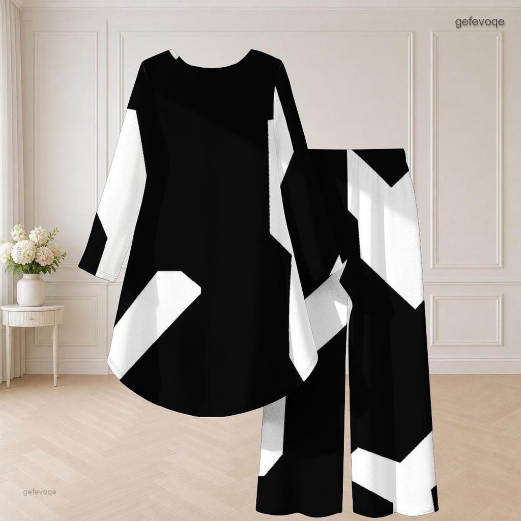 Women Plus Size Two Piece Set Round Neck Long Sleeve Black White Printed High Low Top Wide Leg Pants
