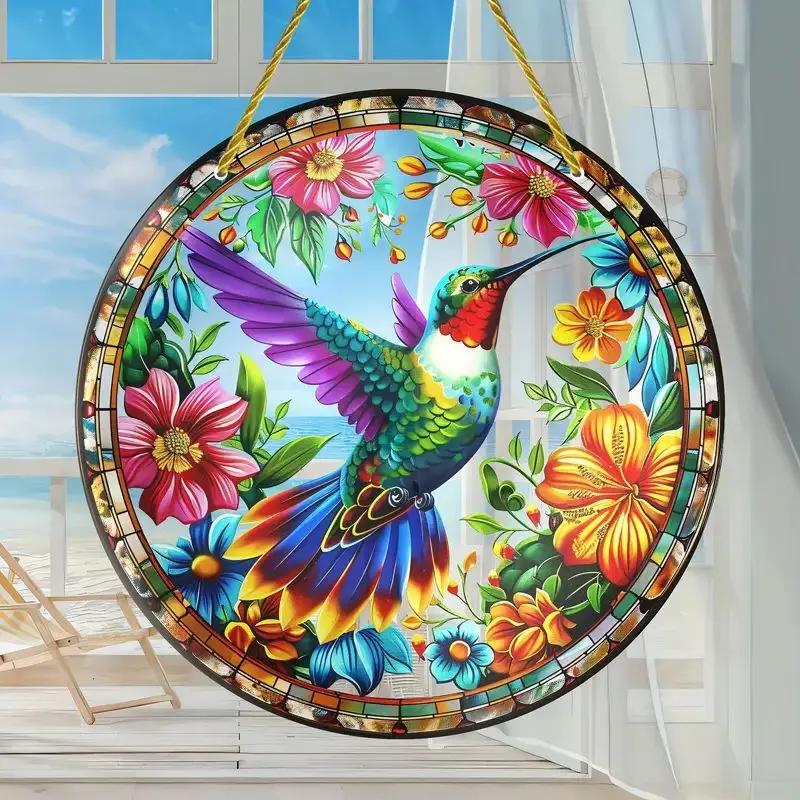NEW Acrylic Painted Hummingbird Pendant Bird Floral Pattern Suncatcher Round Wreath Porch Window Outdoor Patio Hanging Ornaments