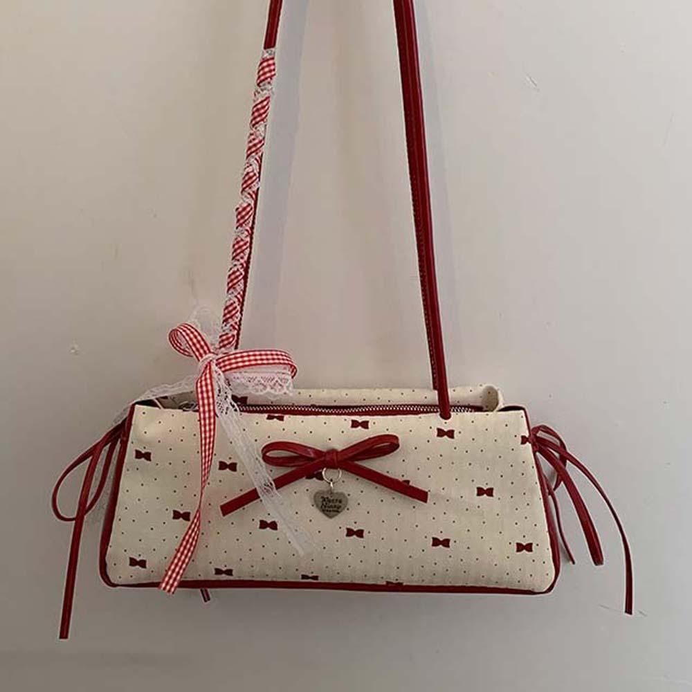 Contrast Color French Stick Handbag Lace Ribbon Underarm Bags All-match Bow PU Shoulder Bag  Daily