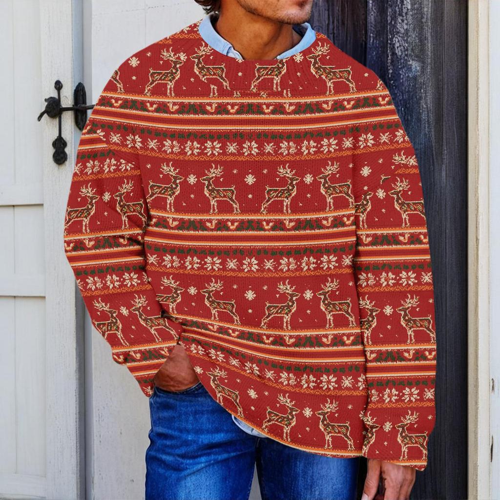 Men's Neck Christmas Print Knit Sweater for Fall and Winter