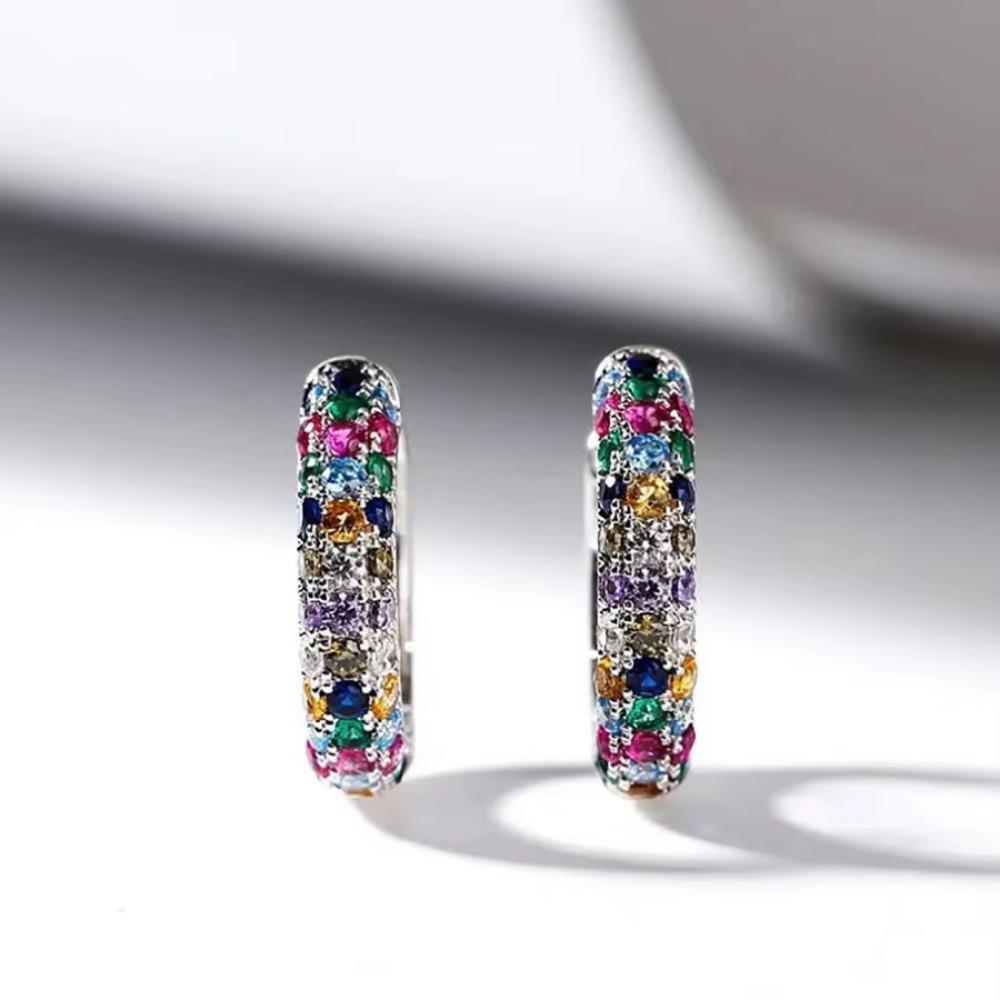Exquisite Geometric Circle Colorful Zircon Hoop Earrings for Women Korea Jewelry Wedding Bride Accessory Gift