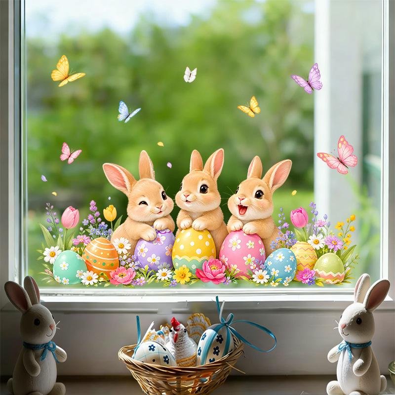 Easter Bunny Butterfly Egg Flower Window Sticker Static Self Adhesive Glass Door Showcase Spring Home Decor