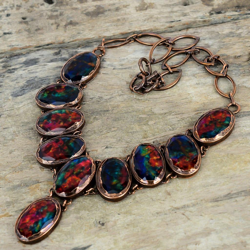 Faceted Ammolite Necklace Electroformed Copper Necklace Adjustable Chain Necklace Handmade Dainty Gemstone Necklace Copper Jewelry For Gifts