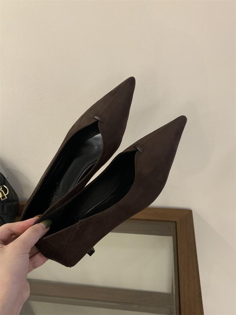 2025 New Pointed Suede Cat Heel High Heels Women's Thin Heel Shallow Mouth Single Shoes Autumn Versatile Professional Work Shoes