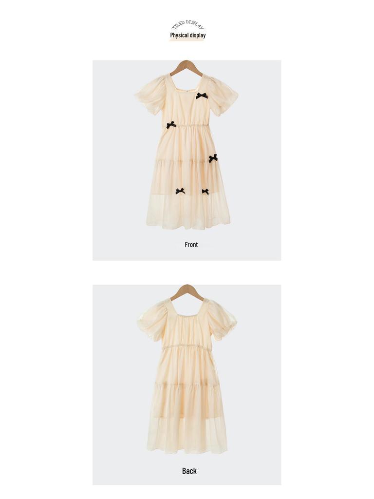 Girls' Chiffon Summer Dress, Short Bubble Sleeves, Long Korean Princess Style 2023.