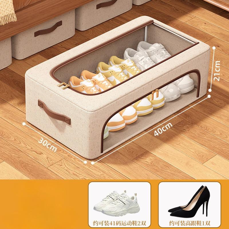 Foldable Shoe Storage Box with Dual Windows - Beige Fabric, Under-Bed Organizer for Sneakers & High Heels, Stackable Design, Shoe Storage Organizer