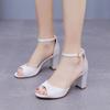 Pumps Women Heeled Sandals Summer  Buckle Strap 7CM Square Heel New Round Headed Wedding Silk Fabric for Brides Women Shoes