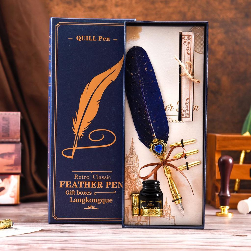 Blue Box Feather Gem Fountain Pen Gift Set: Original High-Value Calligraphy Practice Turkey Heart Dip Pen.