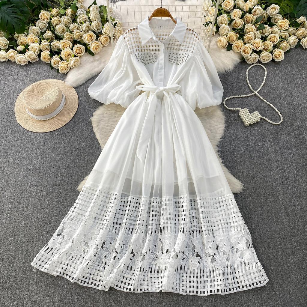Summer Hollow Out Beaded Loose Chiffon Beach Dress Shirt Women's Puff Sleeve Lace Up Belt Holiday Party Long Robes Maxi Dress