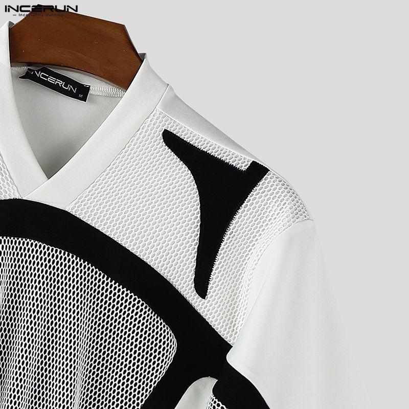 INCERUN Men T-Shirts V Collar Short Sleeve Netyarn Patchwork Casual Tops