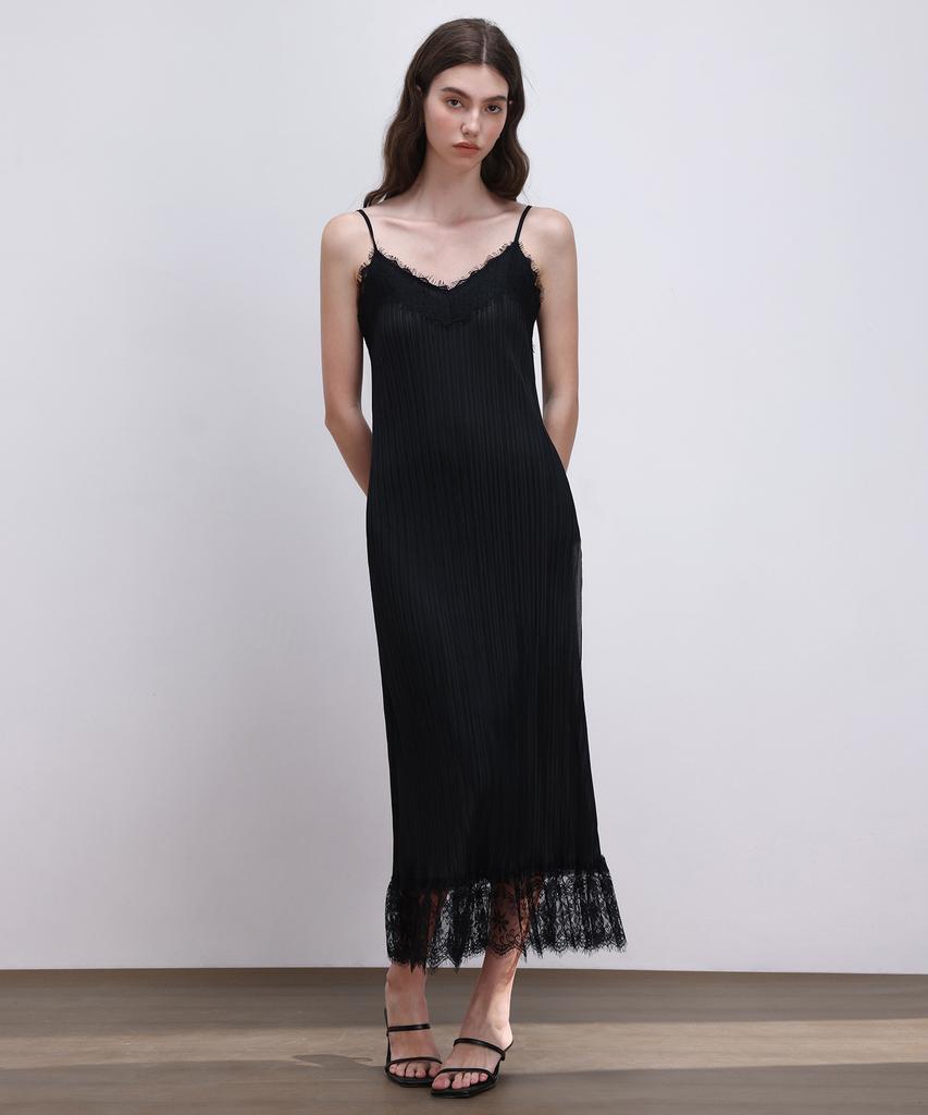 PLEATSMOOD Pleated Lace Slip Dress