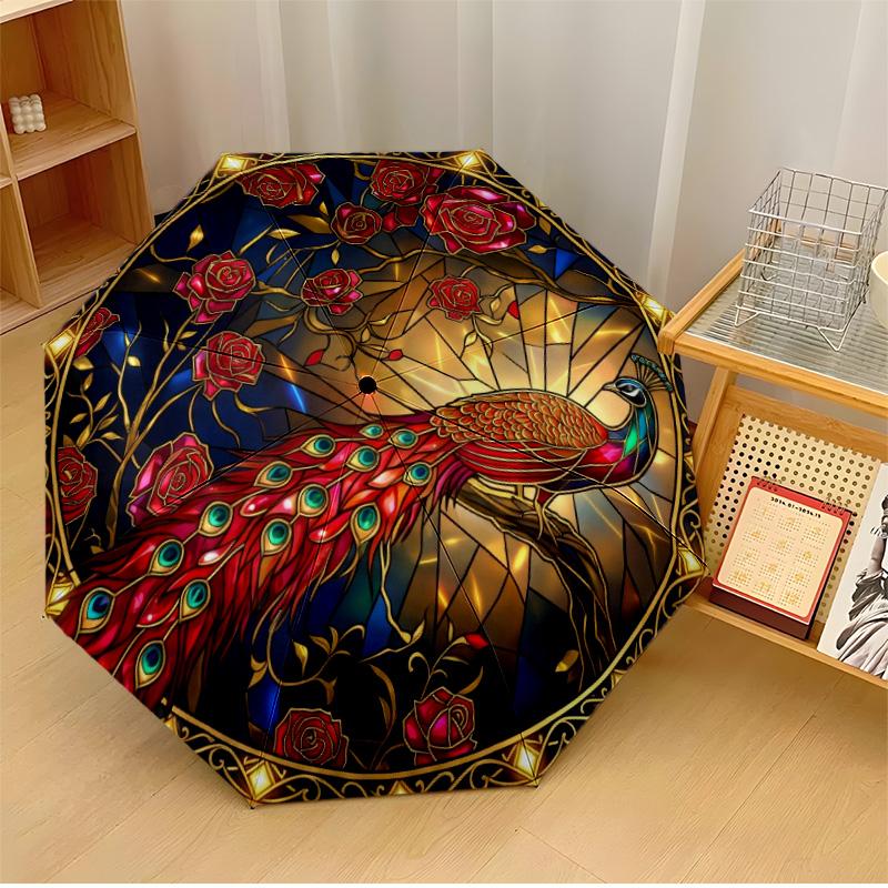 

Peacock Rose Octagon Design Theme Automatic Umbrella Compact 8-Rib Design Sturdy Construction Durable Umbrella Stylish Accessory