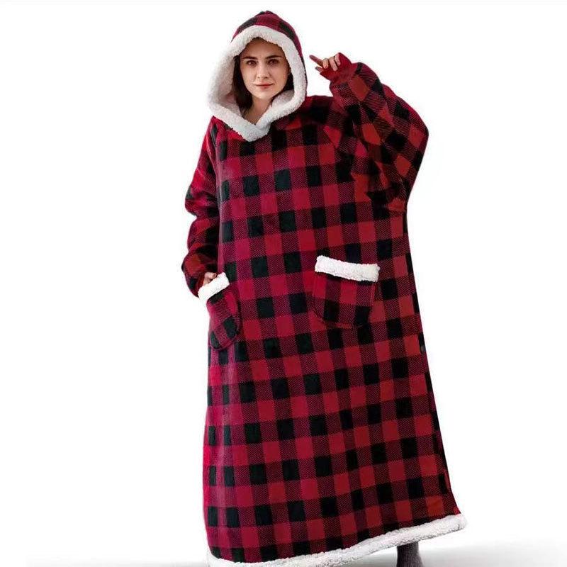 Women's Extra Long Flannel Christmas Pajama Robe with Vertical Pocket and Lazy Blanket Set - Thickened for Warmth