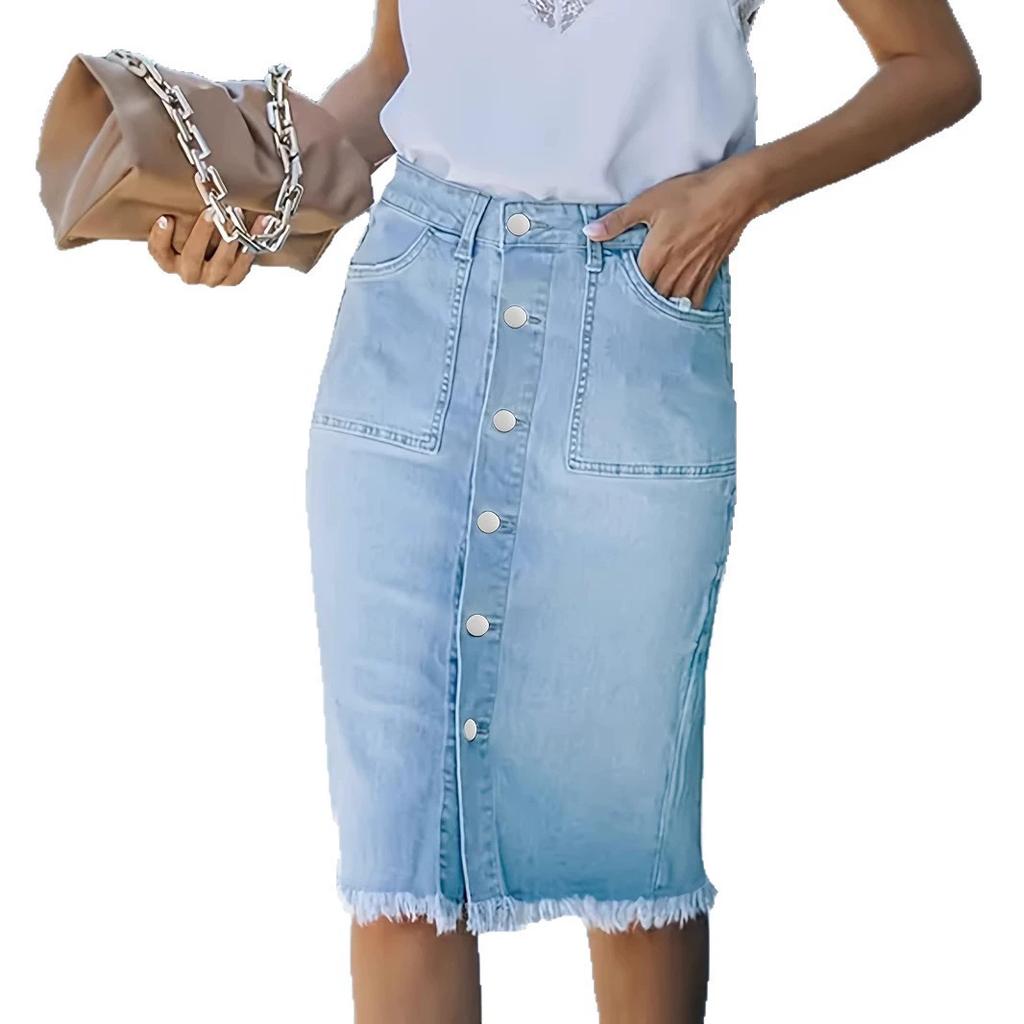 Damen High Waist Jeansröcke Knopfleistentaschen Knielang Gerader Rock Faldas Femme