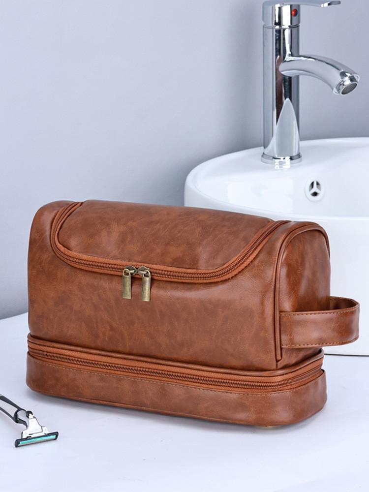 Men Double Layer Travel Toiletry Bag With Waterproof Pu Material For Business And Outdoor Use