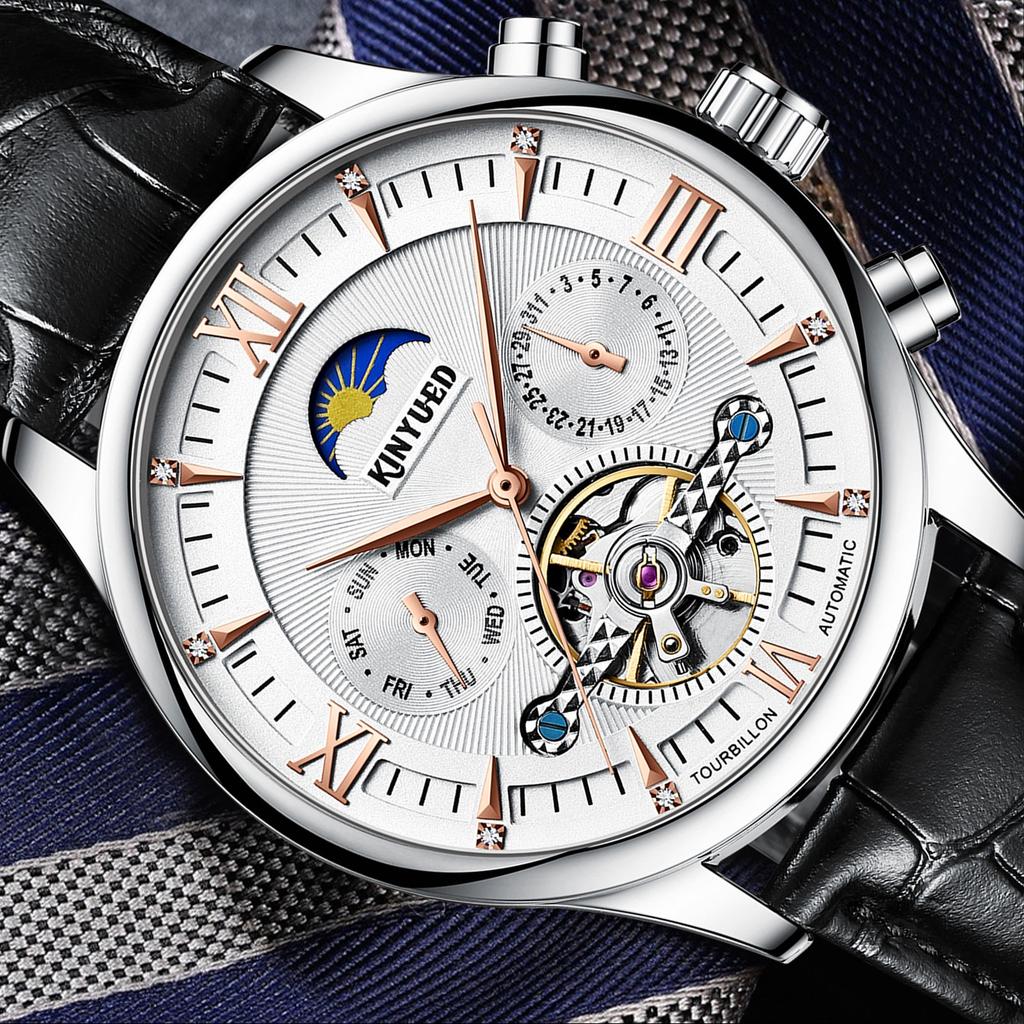 KINYUED J087 Fashion Men Mechanical Hand Wind Wrist Watch Leather Luminous Hands Luxury Men Wristwatch Mens Watch