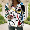 Women Plus Size Purple Blue White Geometric Leaf Print V Neck Half Zip Long Sleeve Sweatshirt