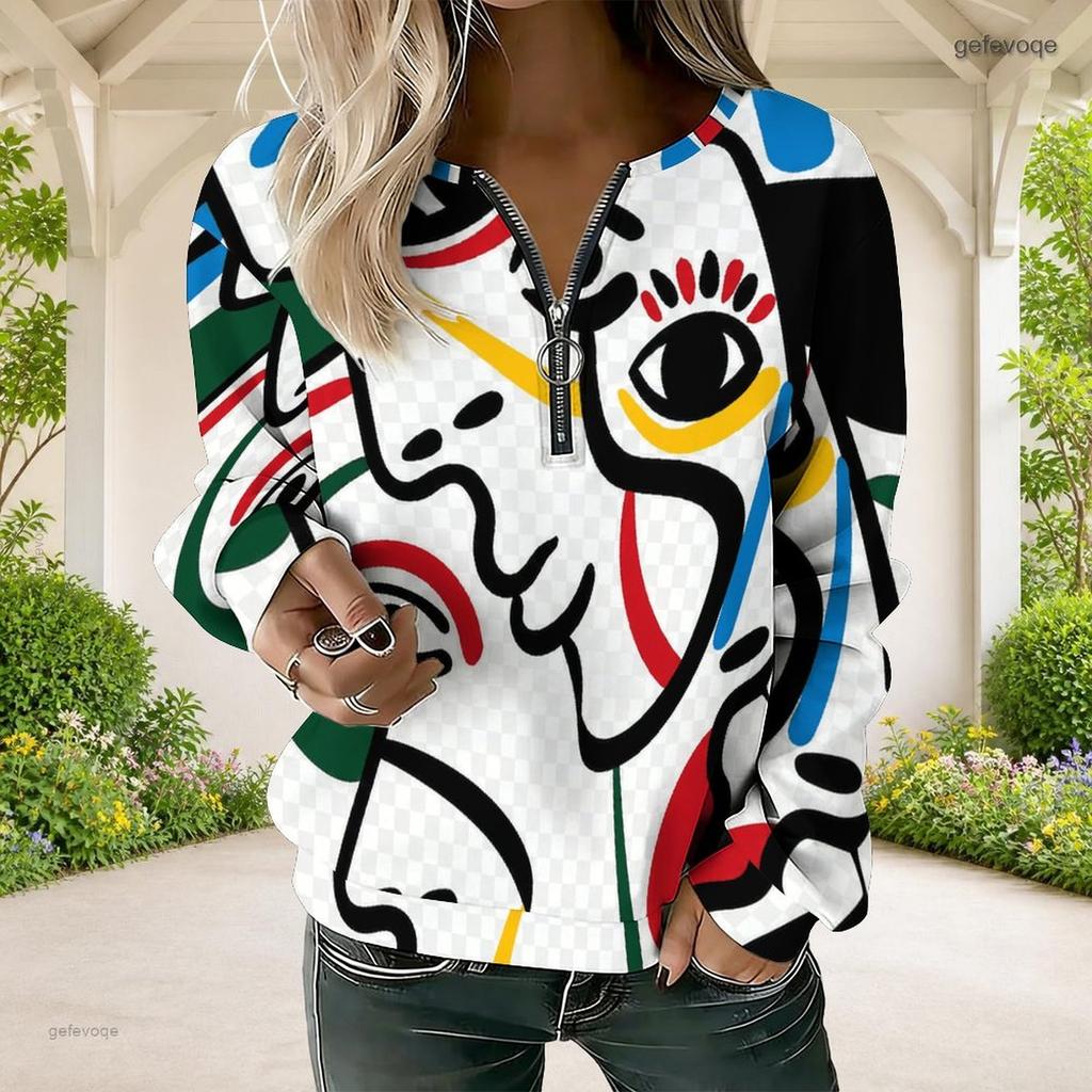 Women Plus Size Purple Blue White Geometric Leaf Print V Neck Half Zip Long Sleeve Sweatshirt