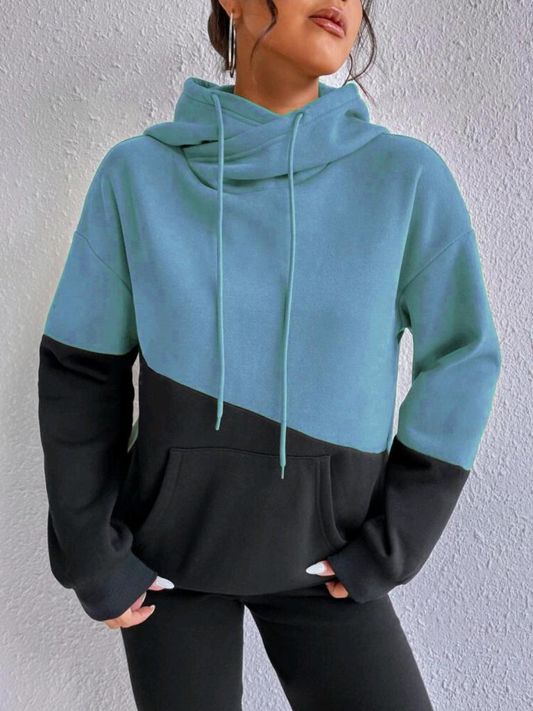 Women Color Block Hoodie Drawstring Cowl Neck Long Sleeve Sweatshirt With Kangaroo Pocket Loose Casual Pullover Top