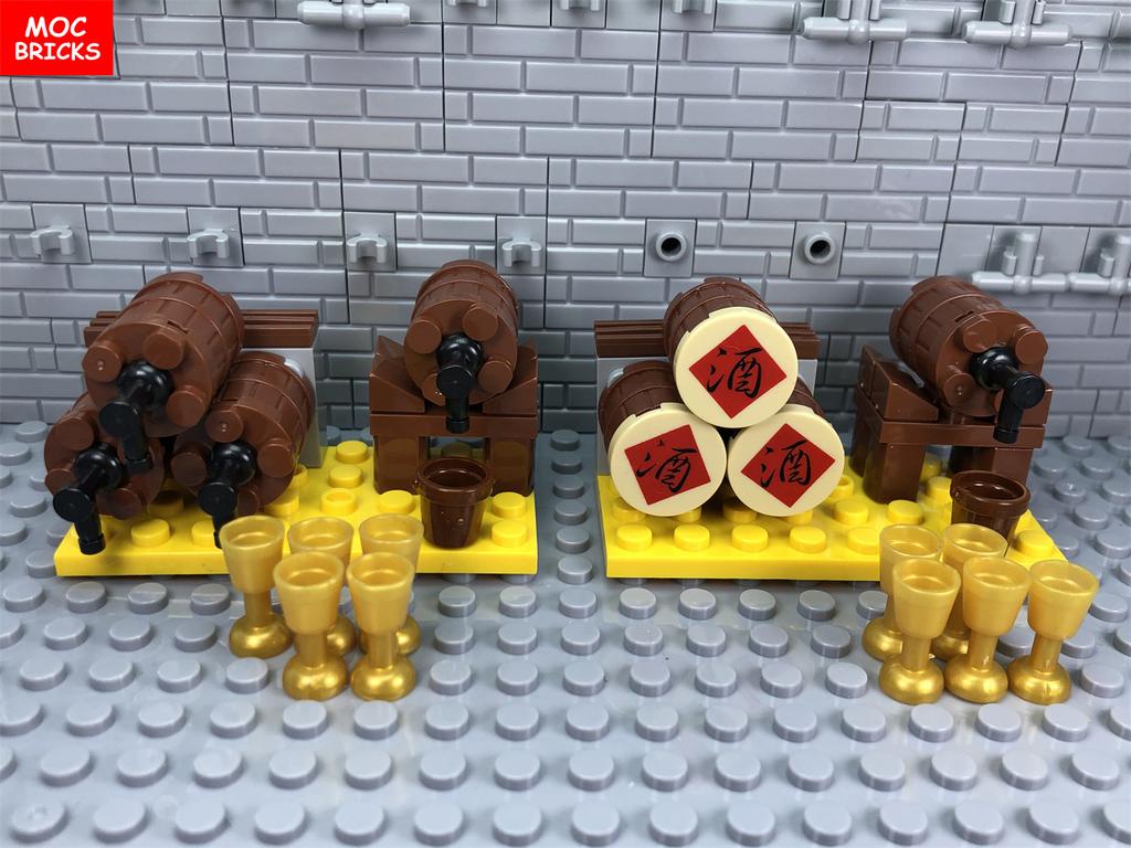 MOC Bausteine Weinfass Modell Actionfiguren Ecke des Kellers Küchenszene Bausteine Zusammengebaut Kinderspielzeug