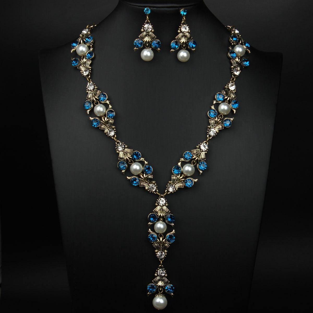

Европейский и американский ретро придворный набор украшений с драгоценными камнями и жемчугом: ожерелье и серьги, аксессуары для женственности синий