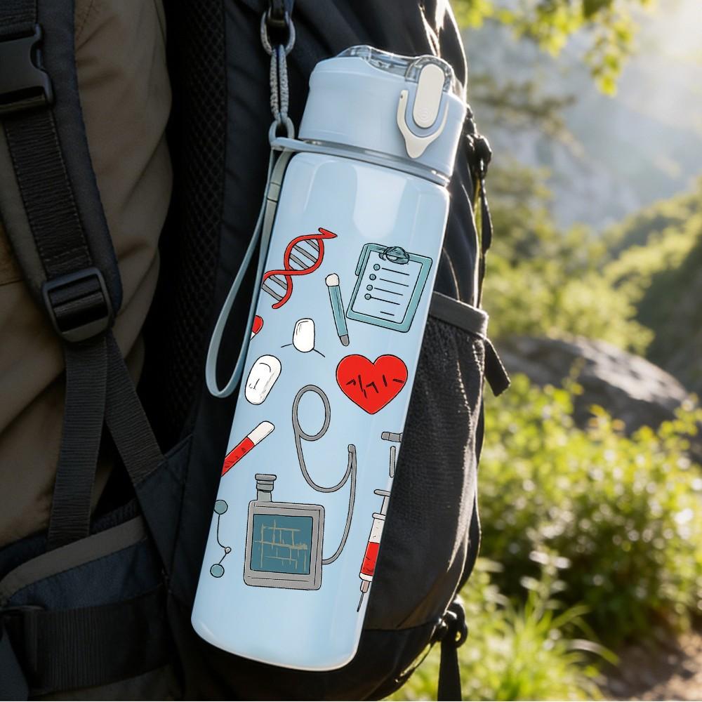 1PC Medical Tool Repeat Pattern 750ml Color Plastic Sports Water Bottle Leakproof Flip Straw Lid Suitable for Sports Office Home Use